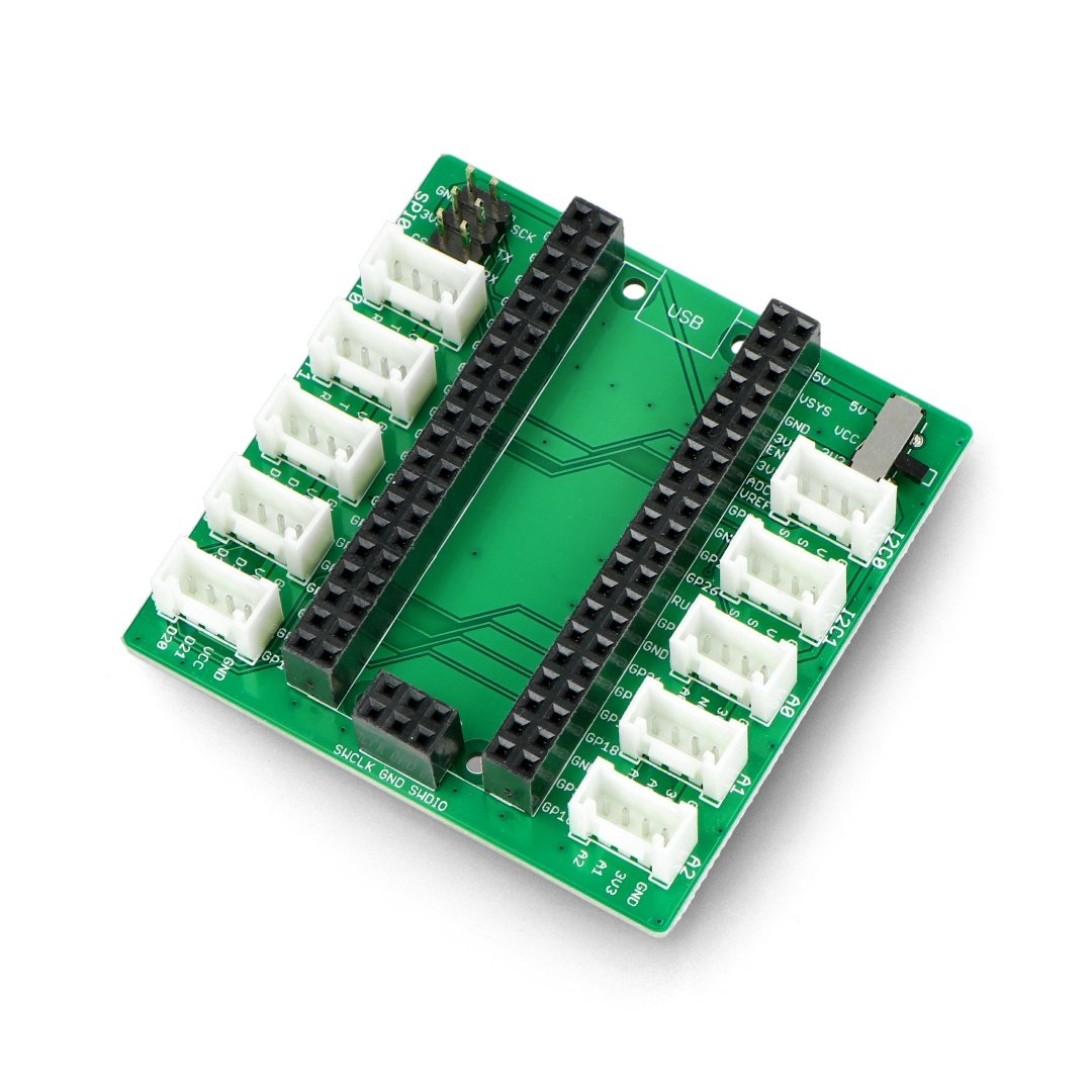 Grove Shield for Pi Pico v1.0,is a Plug-and-Play Shield for Raspberry Pi Pico,with 2 × I2C 3 ×Analog SWD Debug Interface SPI 3 × Digital 2 × UART 