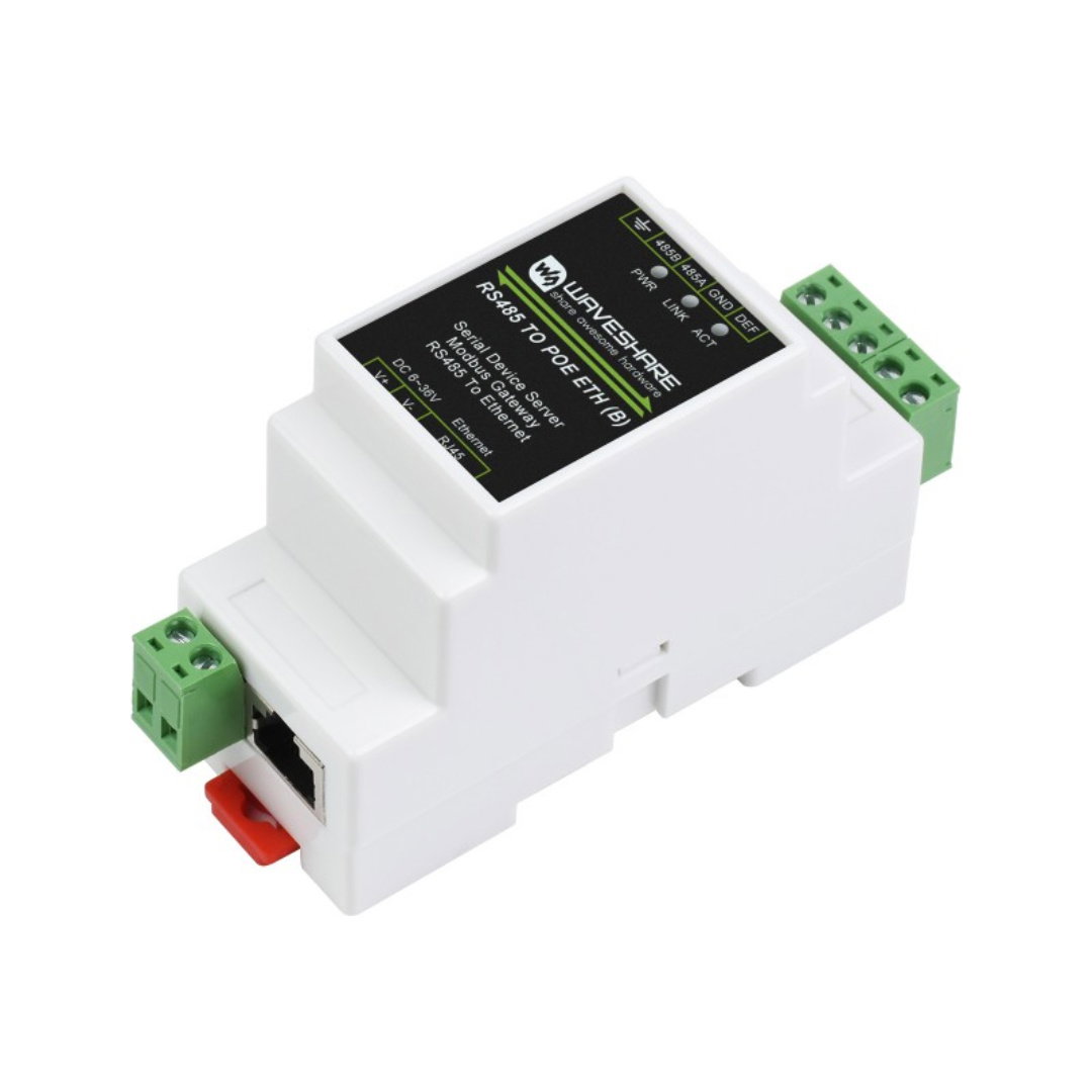 RS485 to Ethernet converter with PoE - industrial TCP/IP serial port server - DIN rail - Waveshare 23273