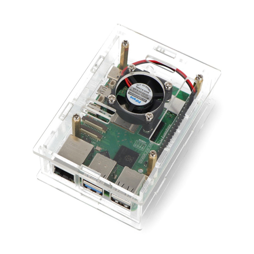 Obudowa do Raspberry Pi Rp5 otwarta z wentylatorem - przezroczysta