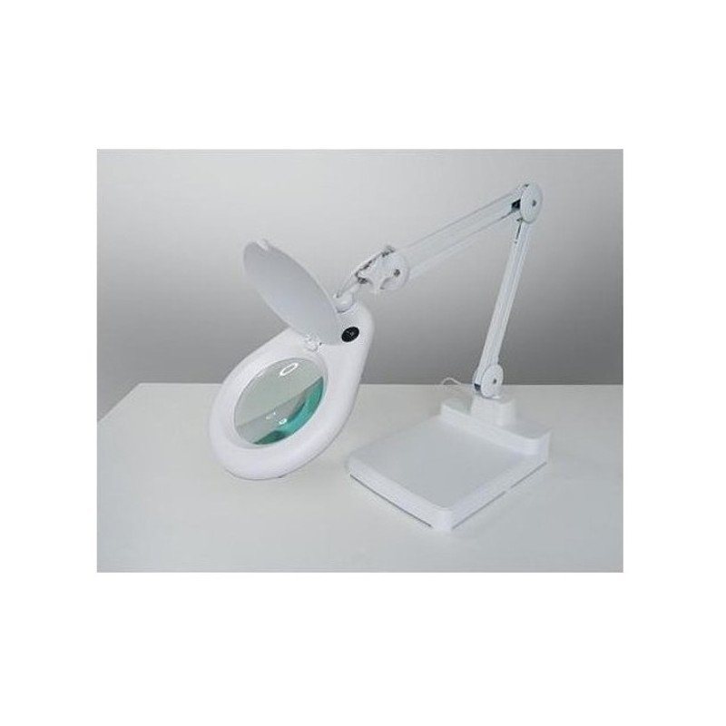 Table lamp on base with 5x magnifier and LED illumination