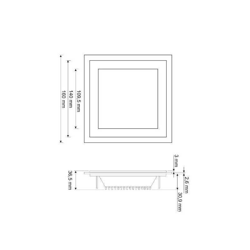 LED panel ART square glass 16x16cm, 12W, 800lm, AC80-265V, 3000K - white heat