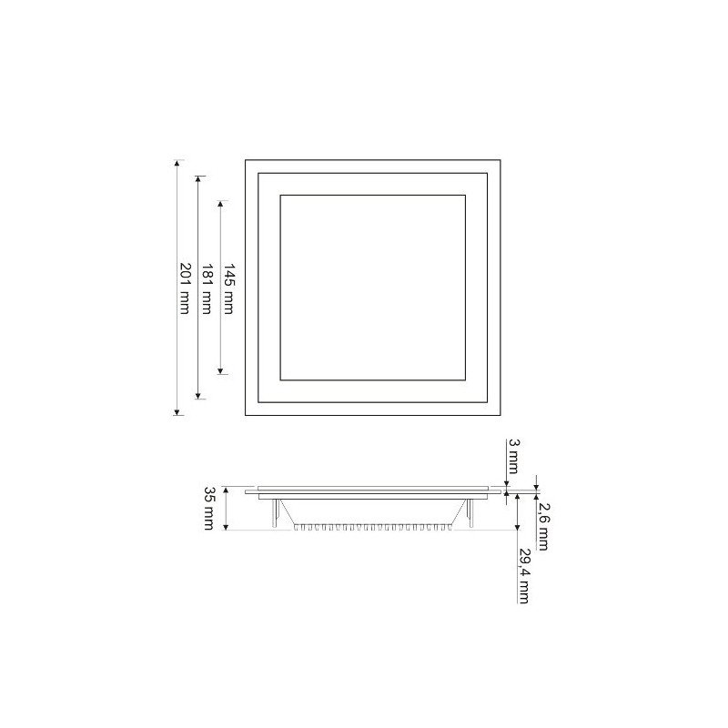 LED panel ART square glass 20x20cm, 16W, 1000lm, AC80-265V, 3000K - white heat