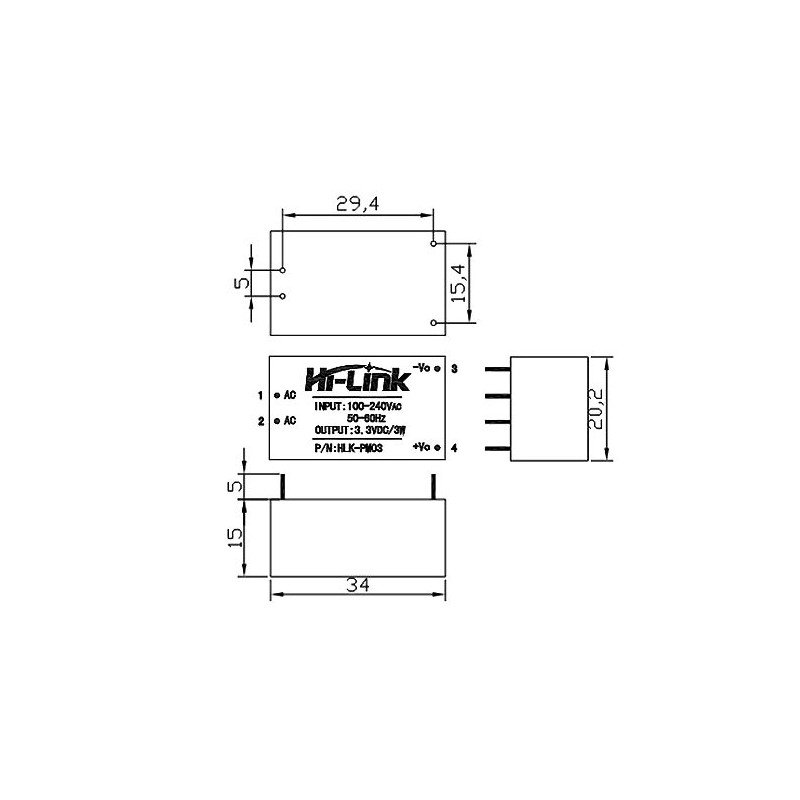 Hi-Link power supply HLK-PM03 100V-240VAC / 3,3VDC - 1A