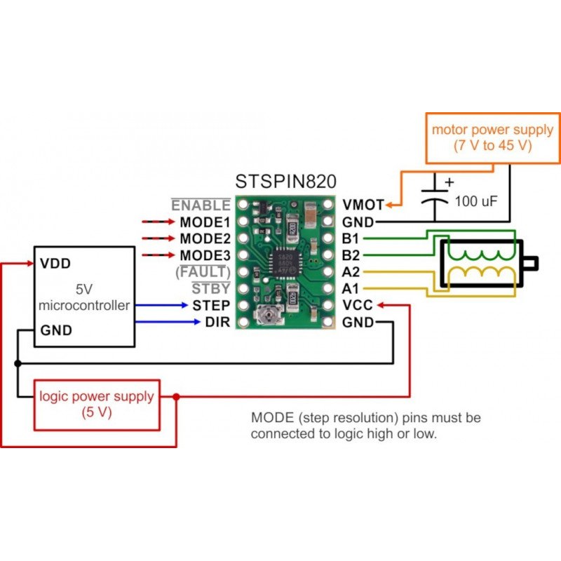 Pololu STSPIN820 - 45V / 0,9A stepper motor driver - with connectors