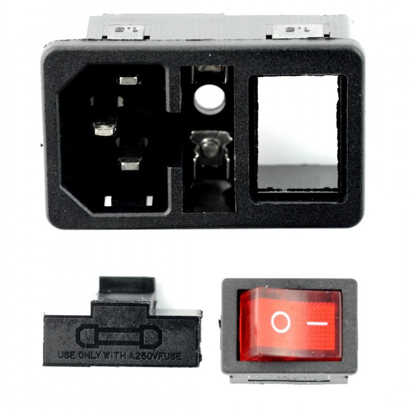 AC IEC male socket with latch - with fuse and switch