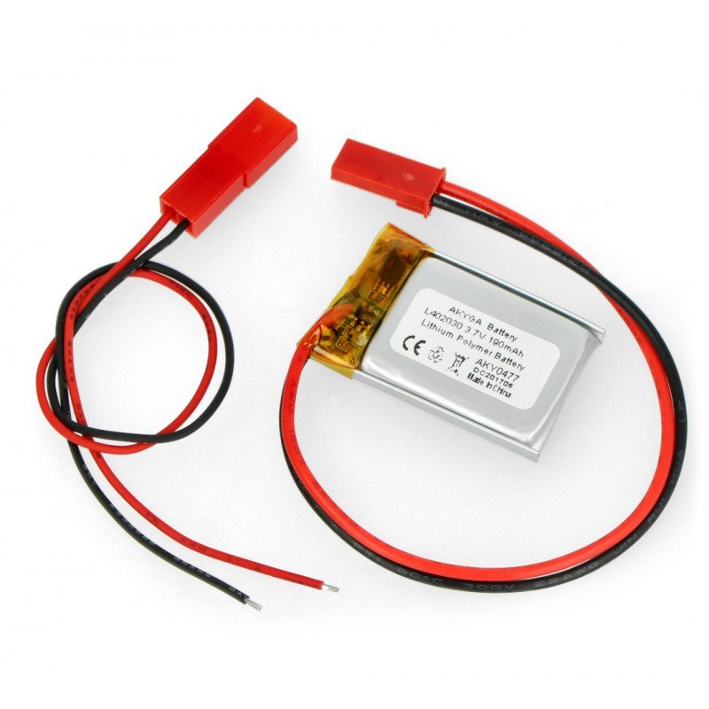 Li-Pol Akyga 3.7V 1S 190mAh battery, connector + socket 2.54 JST - 2 pins