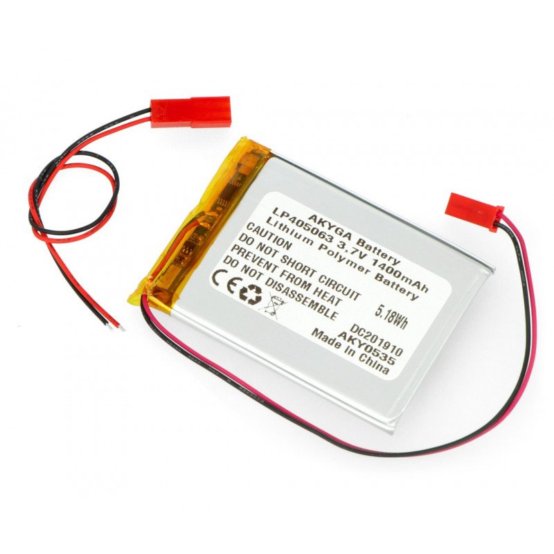 Battery Li-Pol Akyga 1400mAh 1S 3.7V - JST-BEC connector + socket - 63x50x4mm