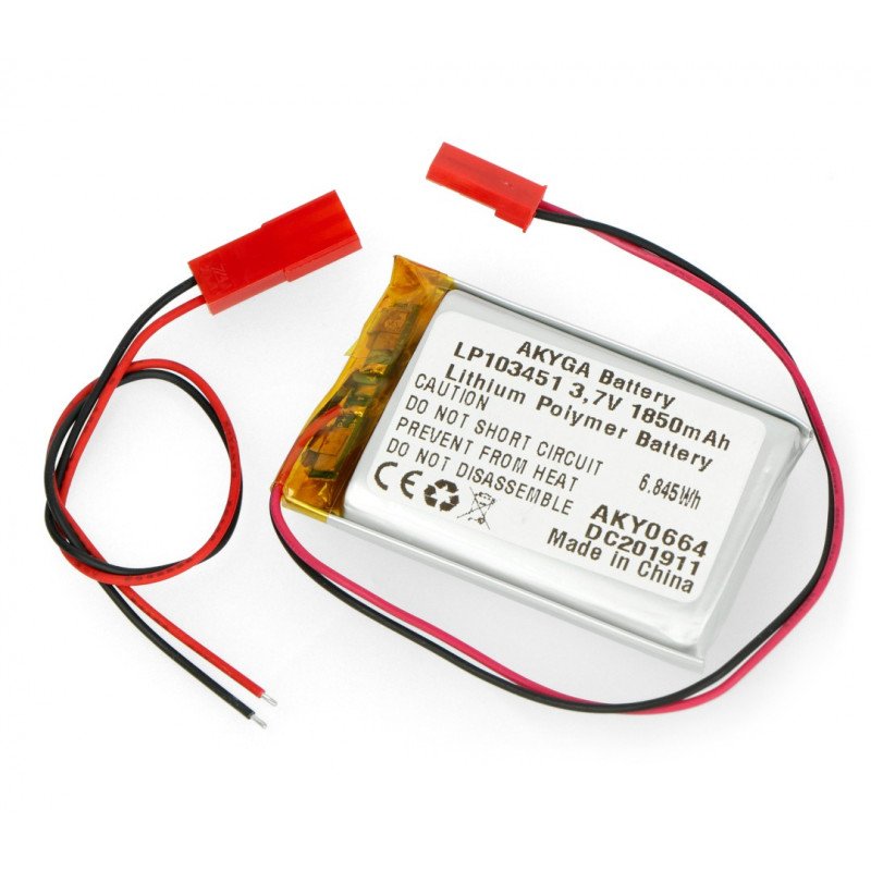 Battery Li-Pol Akyga 1850mAh 1S 3.7V - JST-BEC connector + socket - 40x30x10mm