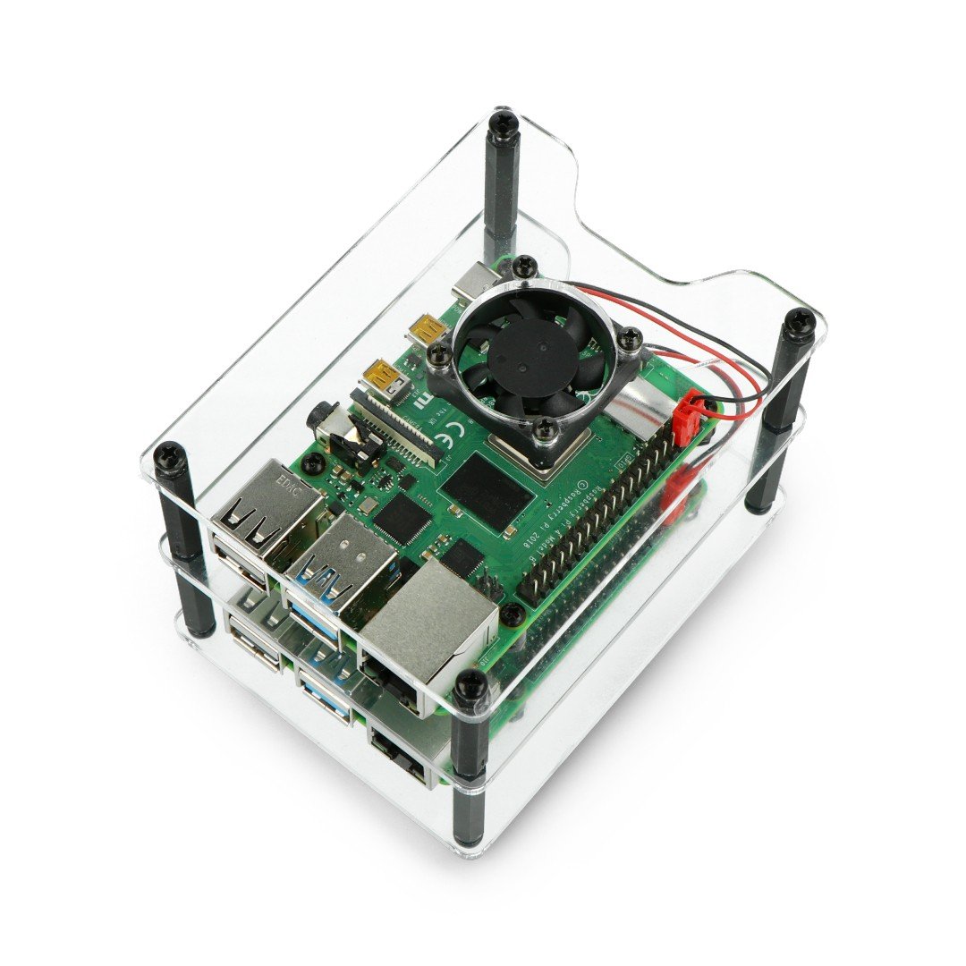 Housing for two Raspberry Pi 4B/3B+/3B/2B - with two fans - open V2 transparent - black distances