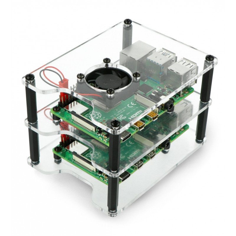 Housing for two Raspberry Pi 4B/3B+/3B/2B - with two fans - open V2 transparent - black distances