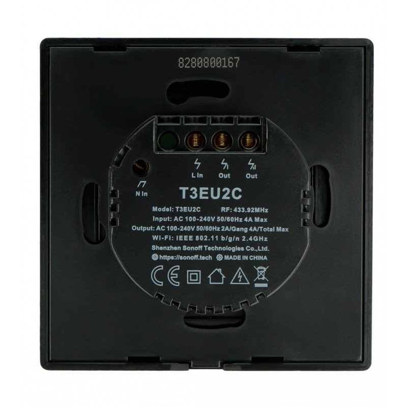 Sonoff T3EU2C-TX - touch wall switch - 433MHz / WiFi - 2-channel