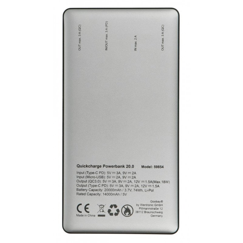 Mobile Powerbank Goobay 20.0 59854 Quick Charge 3.0 20000 mAh - grey - black