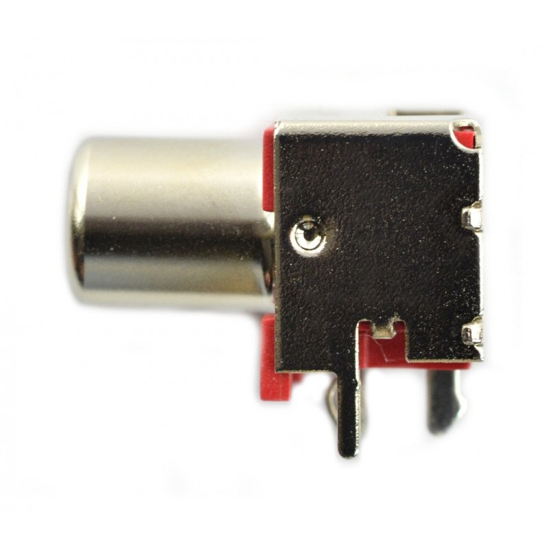 Angled female RCA socket, shielded THT with red marker