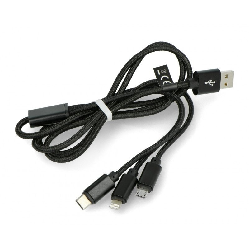 Maxlife Nylon 3-in-1 USB Type A cable - microUSB + lightning + USB Type C - black - 1m