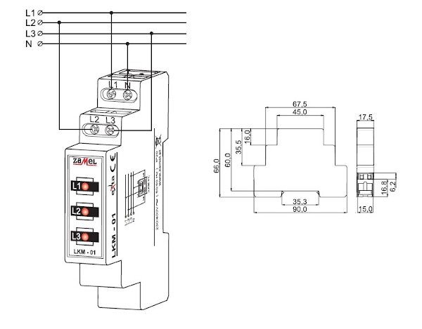 Schemat podłączenia i wymiary obudowy LKM-01-40