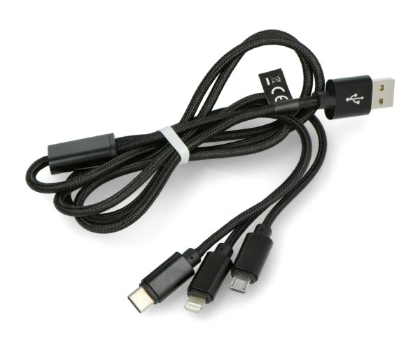 Przewód Maxlife Nylon 3 w 1 USB typ A - microUSB + lightning + USB typ C czarny - 1 m