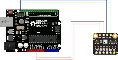 Przykładowy schemat połączenia czujnika z wykorzystaniem płytki DFRduino, odpowiednika Arduino.