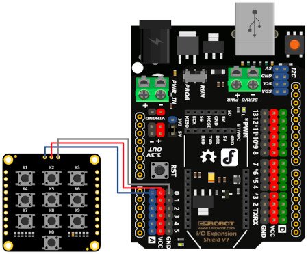 Schemat połączenia matrycy z płytką DFRduino - pochodnej Arduino.