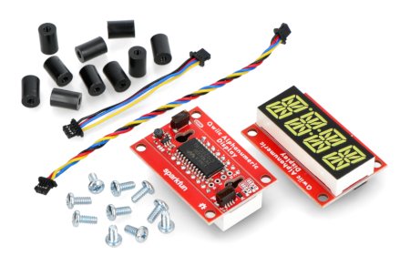 The contents of the SparkFun alphanumeric display set