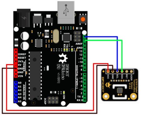 An example of connecting the sensor with the DFRduino board. The plate is not part of the set, it can be purchased separately.