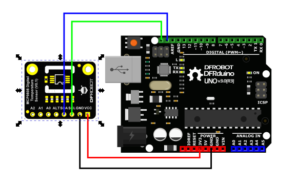 Connection diagram of the sensor with the DFRduino board - which is the equivalent of Arduino. The plate is not part of the set, it can be purchased separately in our store.