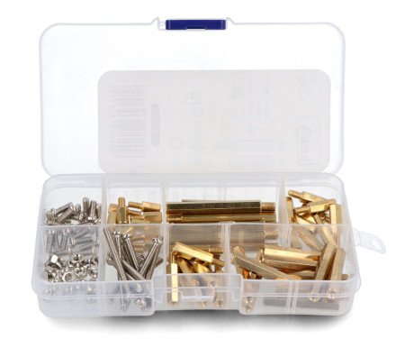 A set of screws and spacer sleeves in a transparent and open box.