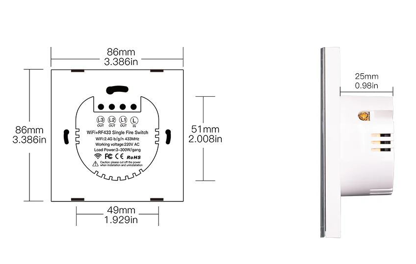 Tuya - intelligent touch wall switch - WiFi/Bluetooth - 1-channel without N - Moes WRS-EU1-L-WH-MS