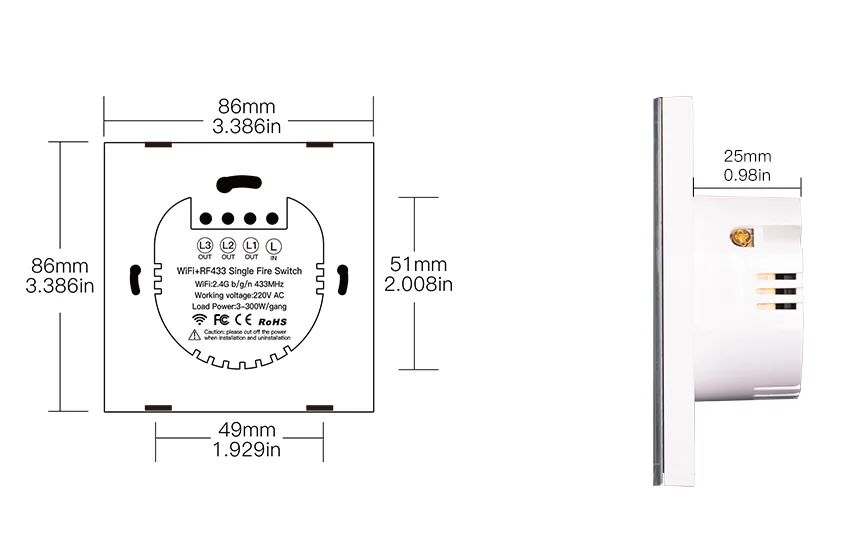 Tuya - smart touch wall switch - WiFi/Bluetooth - 2-channel without N - Moes WRS-EU2-L-WH-MS