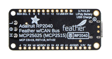 The rp2040 can bus feather module lies upside down on a white background.