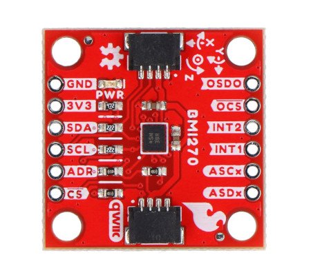 A red sparkfun board with a 3-axis accelerometer and gyroscope lies on a white background.