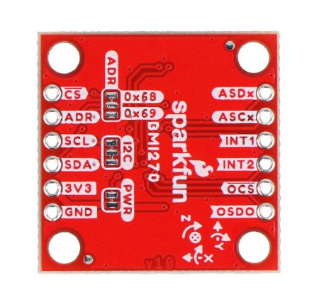 A red sparkfun board with a 3-axis accelerometer and gyroscope lies upside down on a white background.