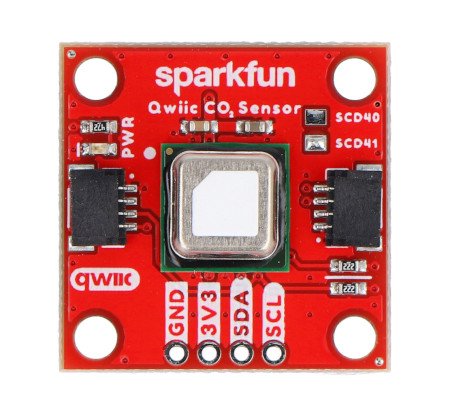 A red sparkfun board with a temperature, humidity and gas sensor lies on a white background.