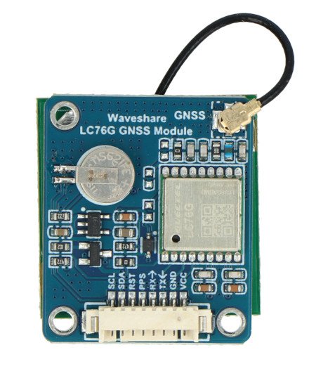 The LC76G Multi-GNSS positioning module lies on a white background.