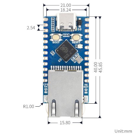 Dimensions of the RP2040-eth mini board.