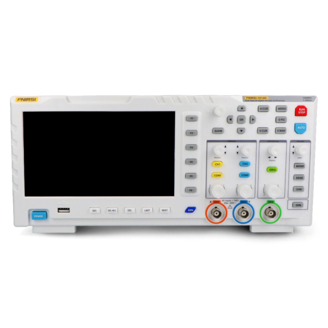 A gray oscilloscope with a built-in screen stands on a white background.