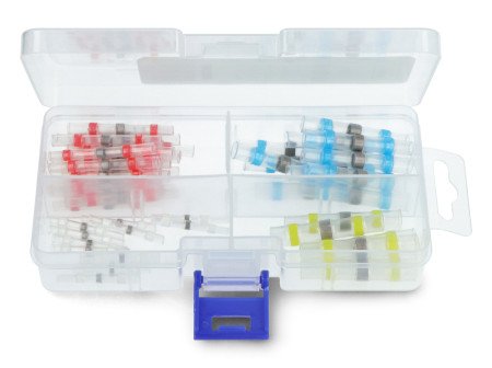 Solder heat shrink connectors of different colors lie in an open transparent box.