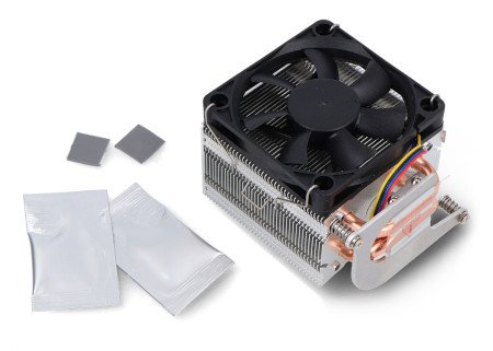 A silver fan with heatsink for rasbperry pi 5 lies on a white background along with the elements of the set.