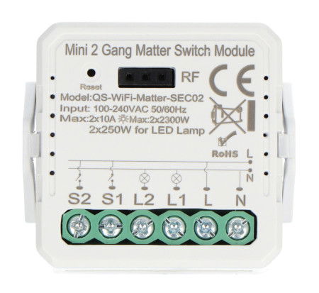 2-channel 10A flush-mount relay - WiFi - Matter - Android/iOS application - RTX MRS2