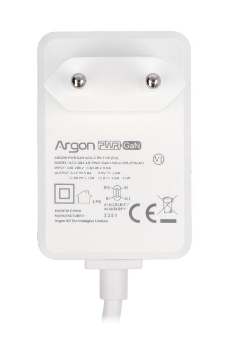 Argon40 27 W USB C power supply - 5.1 V / 5 A for Raspberry Pi 5 - white