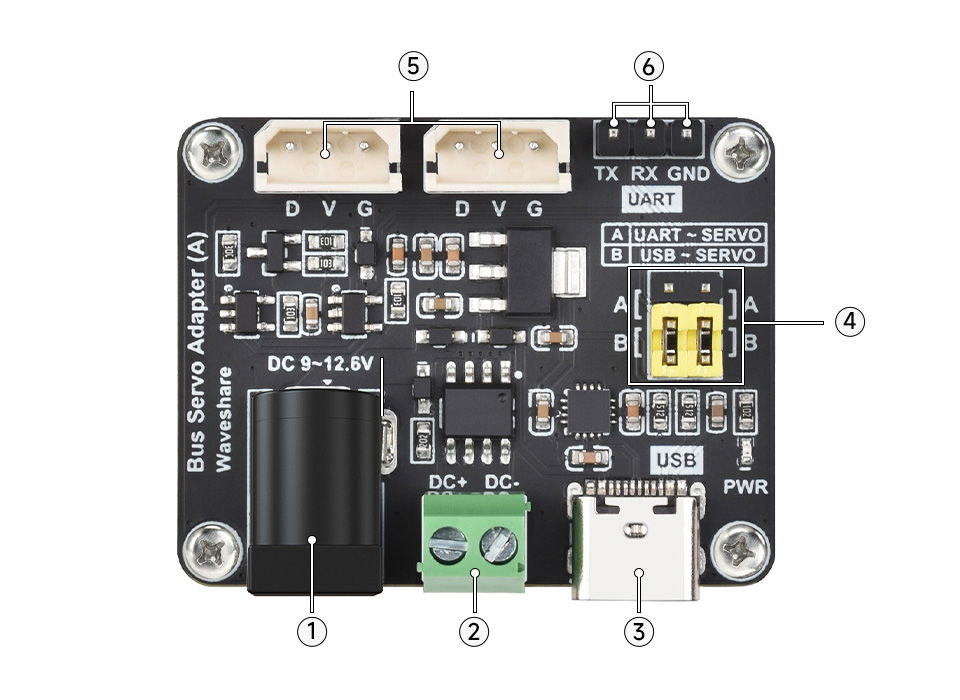 Layout of components on the Bus Servo Adapter board (A)