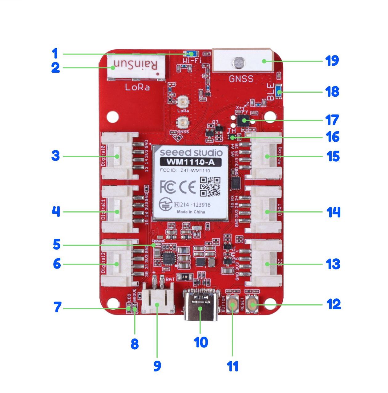 Component layout on the Wio Tracker 1110 board