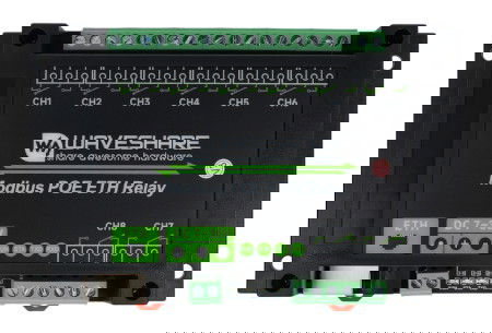8-channel relay module with opto-isolation - contacts 10 A / 250 V AC / 30 V DC - coil 7 V - 36 V - Modbus PoE - Waveshare 24964
