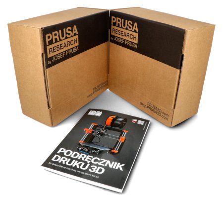 The Prusa Mk3.5 self-assembly modernization kit lies in a box with a manual on a white background.