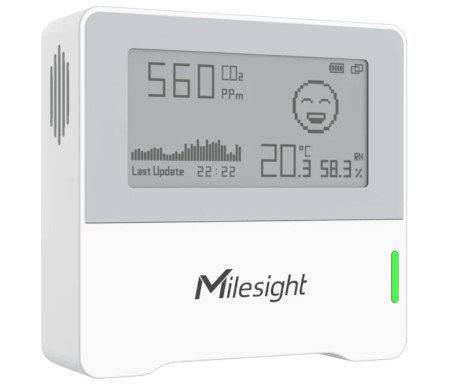 The white Milesight air quality sensor lies on a white background.
