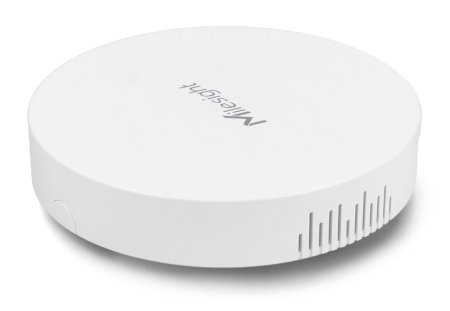 The white and round Lorawan mini switchboard lies sideways on a white background.