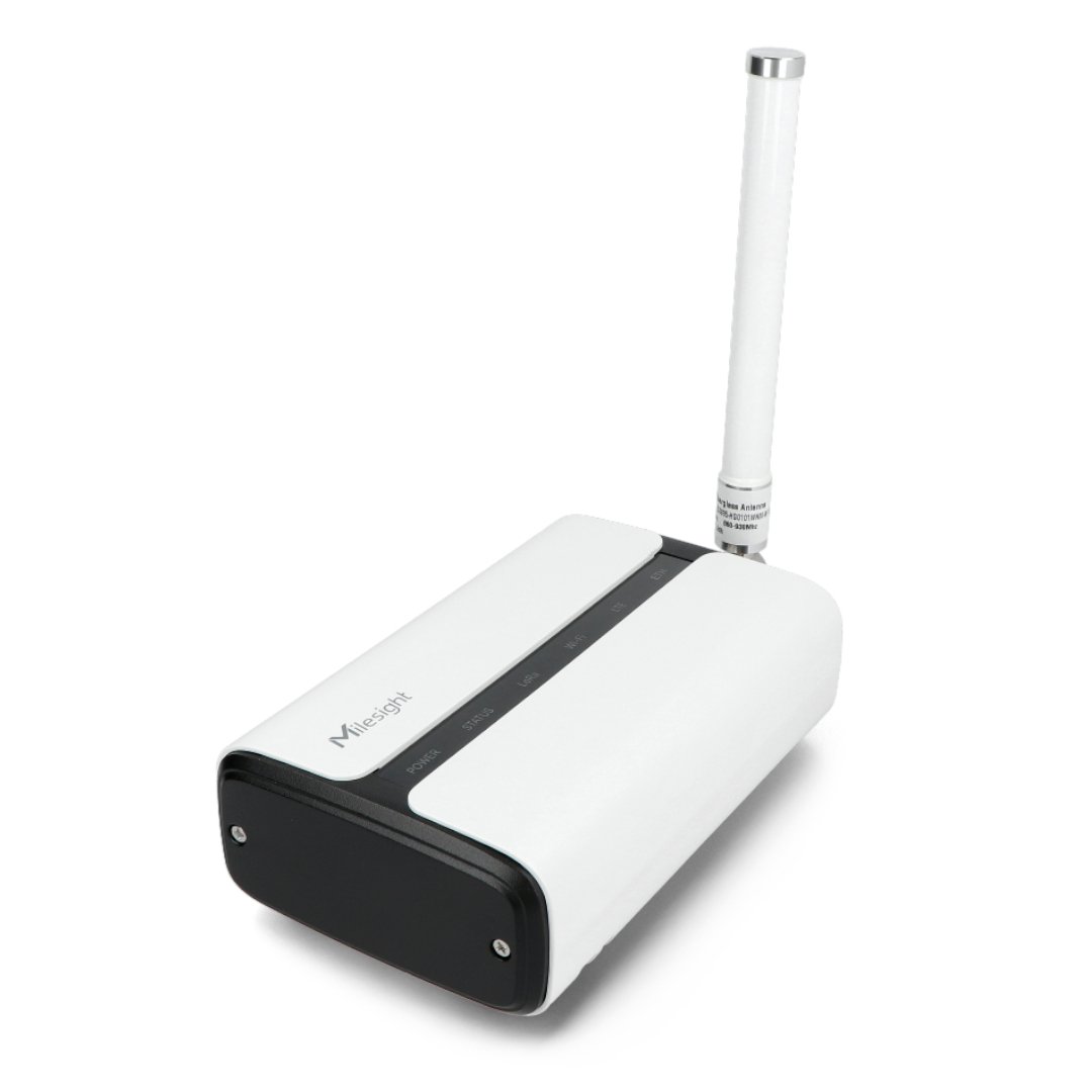 The Lorawan switchboard with the connected antenna stands on a white background.