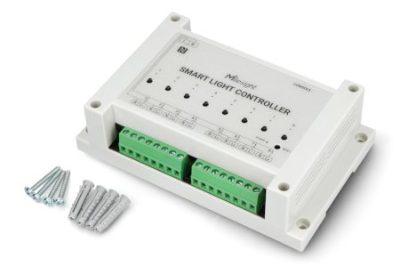 The cream-white Lorawan lighting controller lies on a white background with mounting elements.