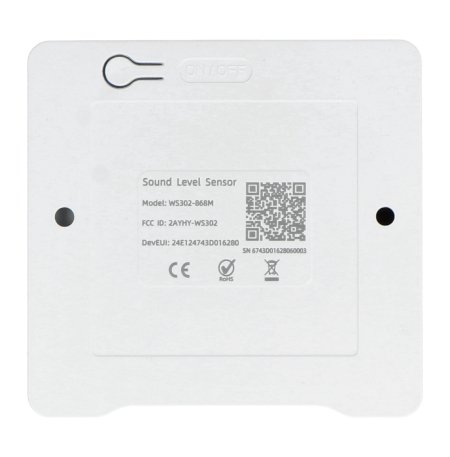 The white Lorawan sound level sensor lies on its back on a white background.