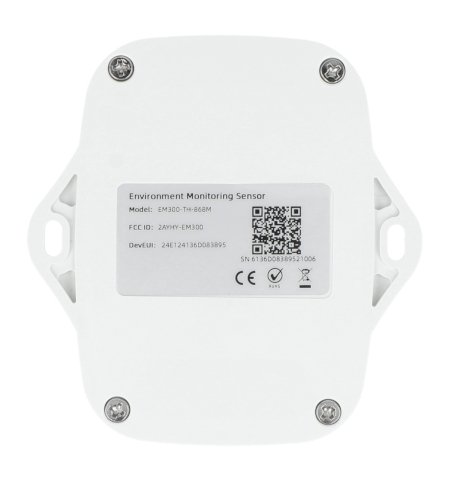 The white Lorawan temperature and humidity sensor lies from below on a white background.
