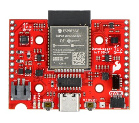 The red data logger module lies on a white background.